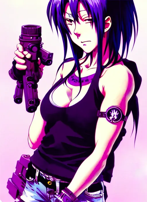 Image similar to revy black lagoon, purple hair, black tank top, jean shorts, tribal sleeve left arm, portrait shinkai makoto, studio ghibli, studio key, madhouse anime studio, artgerm, lau rossdraws james jean marc simonetti pixiv