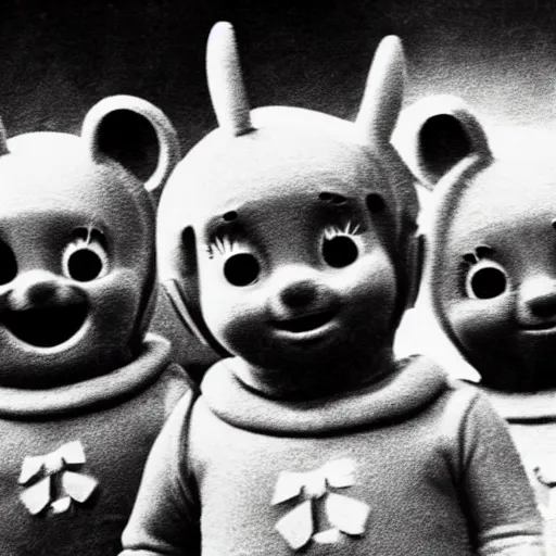 Prompt: old photo of teletubbies wearing japanese soldier gear