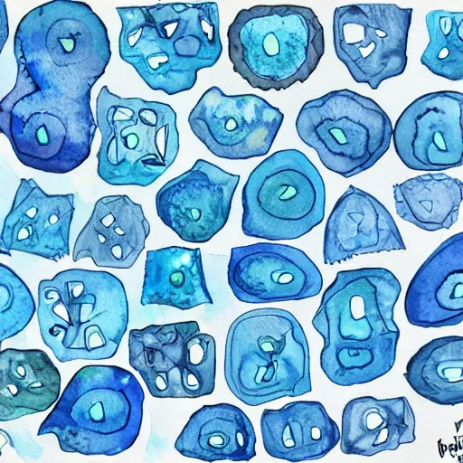 Image similar to highly intricate interlocking aqua blue blobs, watercolor pen drawing