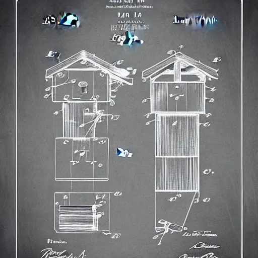 Image similar to patent drawing of house made of chainsaws