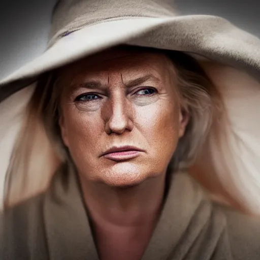 Image similar to photographic portrait by Annie Leibovitz of Donald Trump as a woman, closeup, foggy, sepia, moody, dream-like, sigma 85mm f/1.4, 15mm, 35mm, 4k, high resolution, 4k, 8k, hd, full color