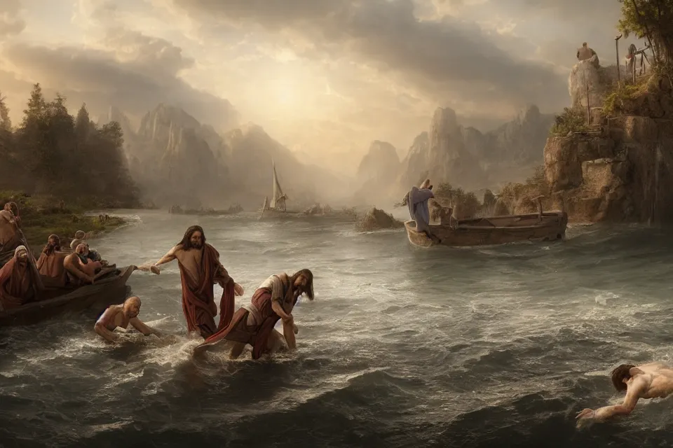 Prompt: An epic matte painting of Jesus saving Petrus in the Water, beautiful, stunning, gorgeous, 4k resolution, professional digital art, by wlop and George Rutkowski, f16, intricate