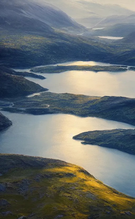 Image similar to nordic fjord, summer morning light, aerial view, cinematic light, soft illumination, cinematic composition, wide - angle, atmospheric, oil painting, trending on artstation