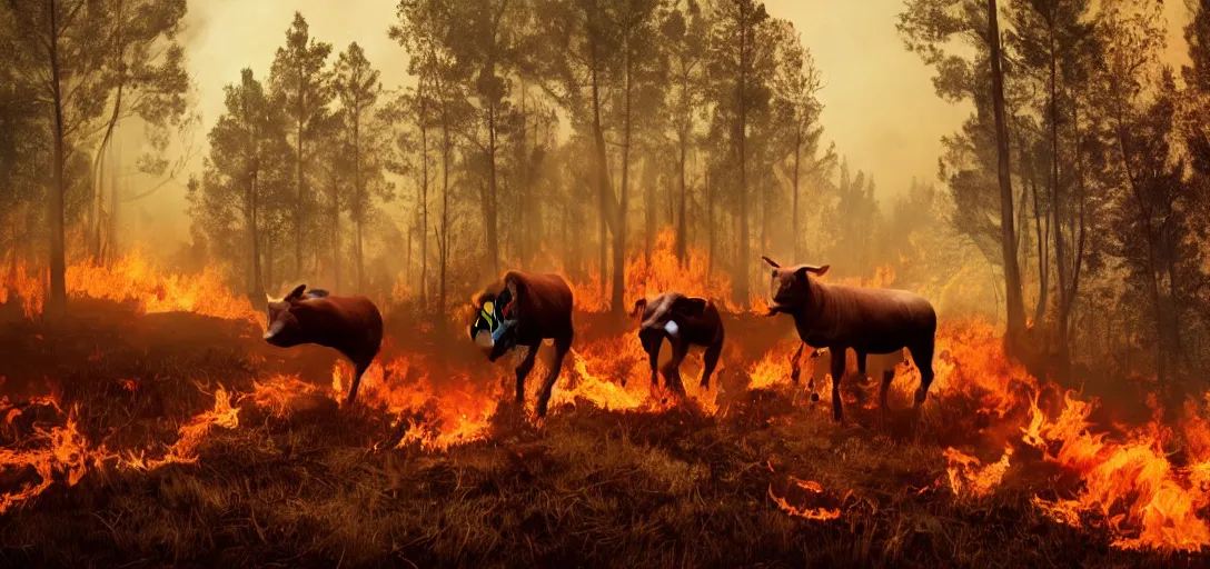 Prompt: full portrait of farm animals running from a forest fire, inferno, smoke, flames, dark, gloomy, horror, screaming, a small farm is burning in the distance, insanely detailed, photorealistic, cinematic, dramatic lighting,