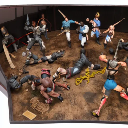 Prompt: photo of figma figures inside a diorama, depicting the fighters of mortal kombat brutally fighting each other inside a shaolin temple.