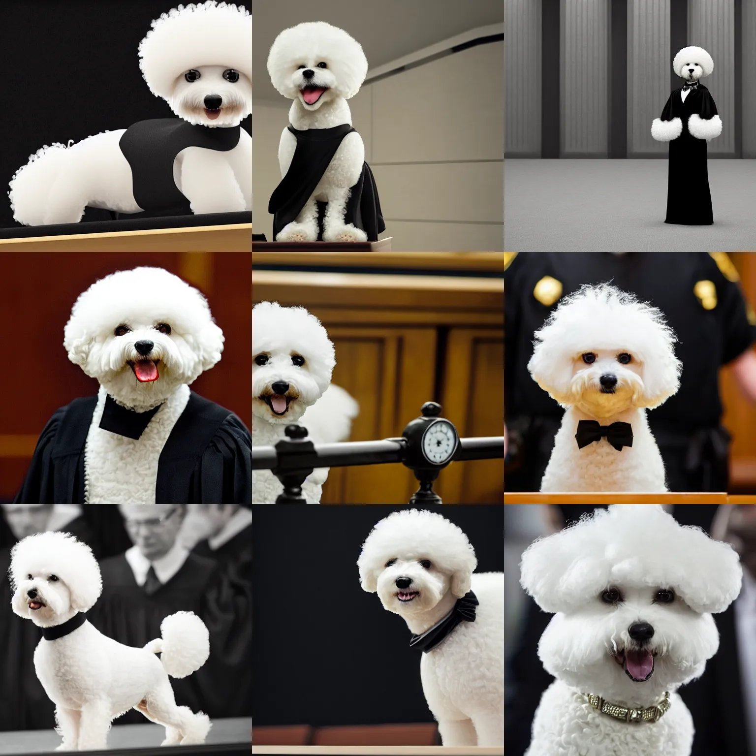 Prompt: a closeup photorealistic photograph of a cute smiling white bichon frise judge wearing a black gown and addressing a courthouse. this 4 k hd image is trending on artstation, featured on behance, well - rendered, extra crisp, features intricate detail, epic composition and the style of unreal engine.