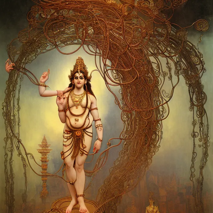Prompt: neoclassical portrait of a 2 0 4 4 shiva nataraja, it is decorated with long wires that fall like vines and wears a huge computer crown. by jeremy mann and alphonse mucha, fantasy art, photo realistic, dynamic lighting, artstation, poster, volumetric lighting, very detailed faces, 4 k, award winning
