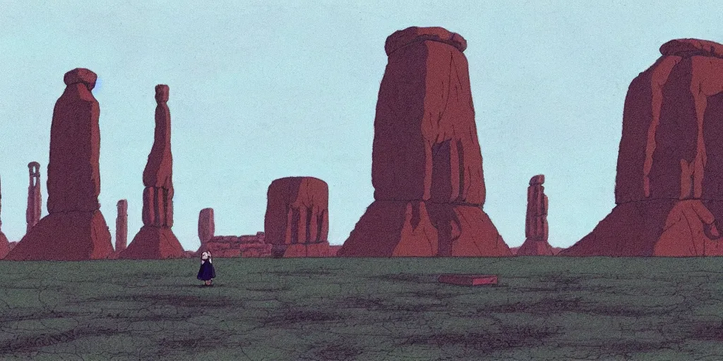 Image similar to a realistic cell - shaded studio ghibli concept art from paprika ( 2 0 0 6 ) of shouxing from close encounters of the third kind ( 1 9 7 7 ) in a flooded monument valley stonehenge. very dull colors, wide shot, hd, 4 k, hq