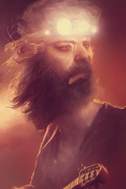 Image similar to blonde wild hair beard man, pirate eye - patch, playing guitare, close - up portrait, powerfull, intricate, elegant, volumetric lighting, scenery, digital painting, highly detailed, artstation, sharp focus, illustration, concept art, ruan jia, steve mccurry