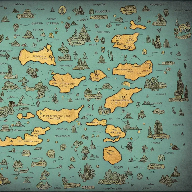 Prompt: imaginary map of different realms, map of fantacy world, different realms, mobile game art, blueprint, infographic, vintage theme, on paper, green jungles + dark mountains + gold desert + blue sea + gray city, with notes, highly detailed, hyper realistic