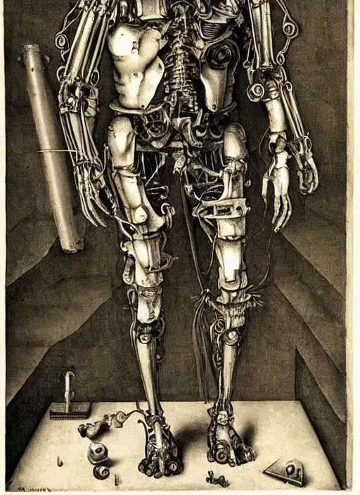 Image similar to cyborg cybernetic exoskeleton by Albrecht Dürer