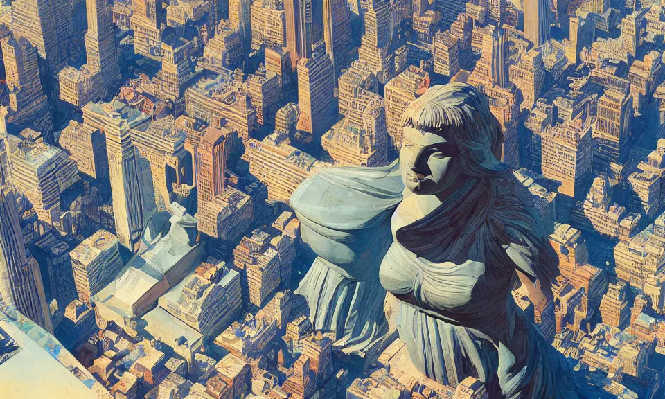 Prompt: digital painting, birds eye view, of a massive greek sculpture of a beautiful massive female statue hovering over new york, by syd mead and jack kirby, color scheme, kirby crackle, arik roper, concept art