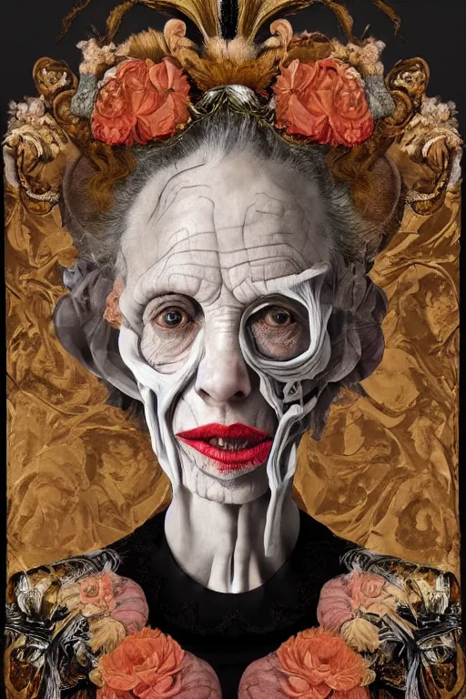 Image similar to Detailed maximalist portrait of a beautiful old woman with large lips and eyes, scared expression, botanical skeletal with extra flesh, HD mixed media, 3D collage, highly detailed and intricate, surreal illustration in the style of Caravaggio, dark art, baroque, centred in image