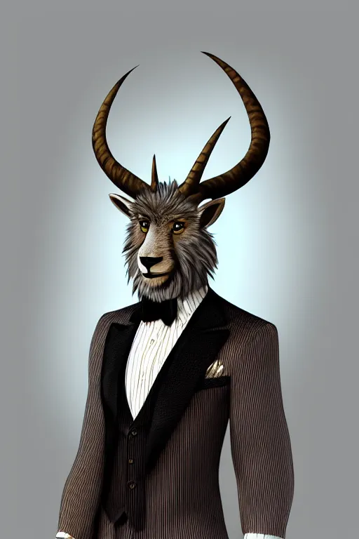 Prompt: beautiful portrait commission of a male furry anthro mountain goat wearing a pinstripe suit and waistcoat, award-winning, detailed, trending on artstation