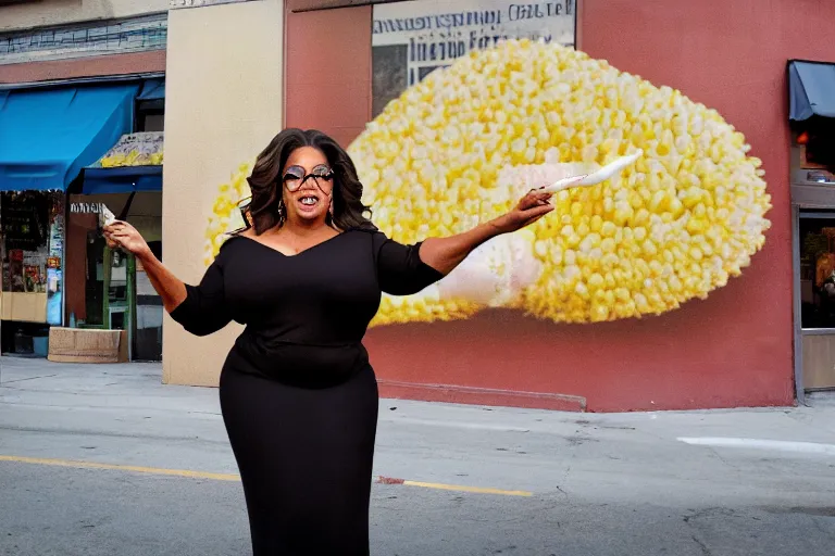 Image similar to oprah winfrey holding a corndog pointing to homeless people, mission street, hyper realistic, 8 k, ethereal details, high resolution, cinematic lighting