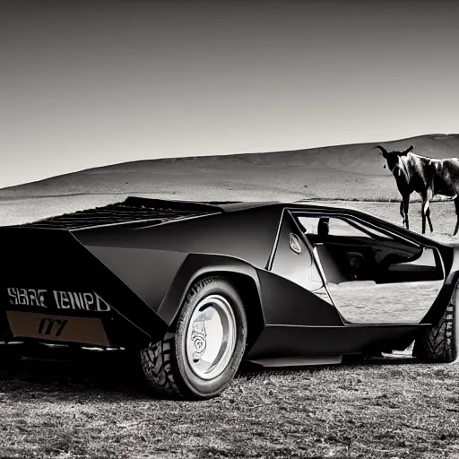 Prompt: lamborghini countach in a wild west town, cowboys, horses, saloon, 1 9 th century daguerrotype