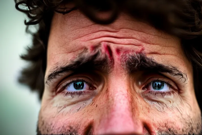 Prompt: Closeup Portrait of a sad Justin Trudeau, crying, half face, by Steve McCurry, supersharp, crisp, 8K, award winning portrait