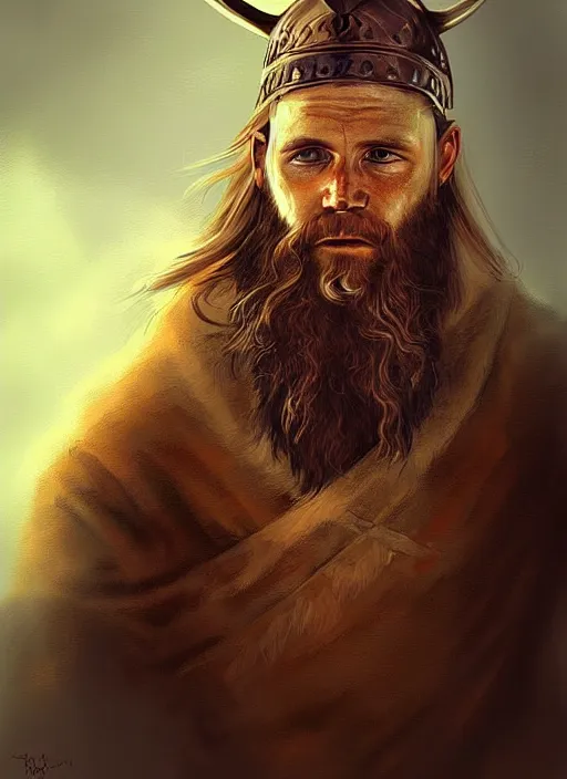 Image similar to viking looking tired, portrait, dramatic light, fierce, digital painting