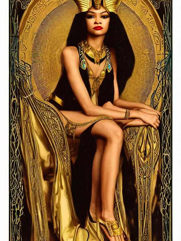Prompt: Zendaya as Bast the Egyptian goddess, a beautiful art nouveau portrait by Gil elvgren, moonlit Nile river environment, centered composition, defined features, golden ratio, intricate gold jewlery