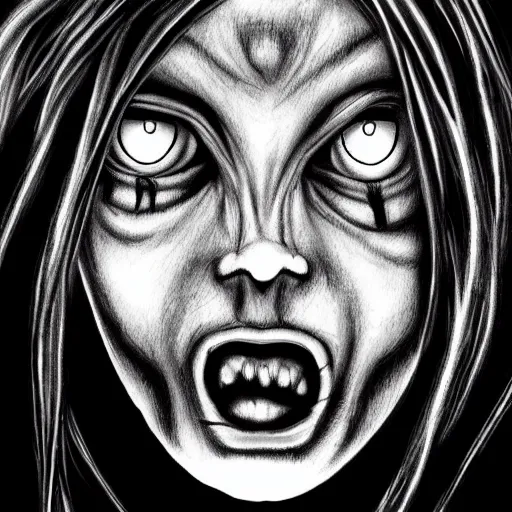 Image similar to grunge drawing of an alien in the style of the grudge | horror themed