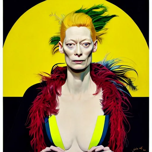 Prompt: art by joshua middleton, the actress tilda swinton, a medium shot portrait of the golden creeper, a tall manically smiling yellow - skinned woman with green and black striped cycling shorts and wearing a long red and black striped ostrich feather boa, yellow makeup, mucha, kandinsky, poster, art deco motifs, comic art, stylised design, scarlet feather boa