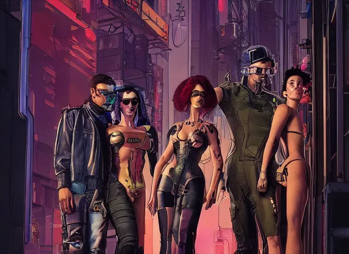 Image similar to cyberpunk heist crew. portrait by stonehouse and mœbius and will eisner and gil elvgren and pixar. character design. realistic proportions. dystopian. cyberpunk 2 0 7 7, apex, blade runner 2 0 4 9 concept art. cel shading. attractive face. thick lines.