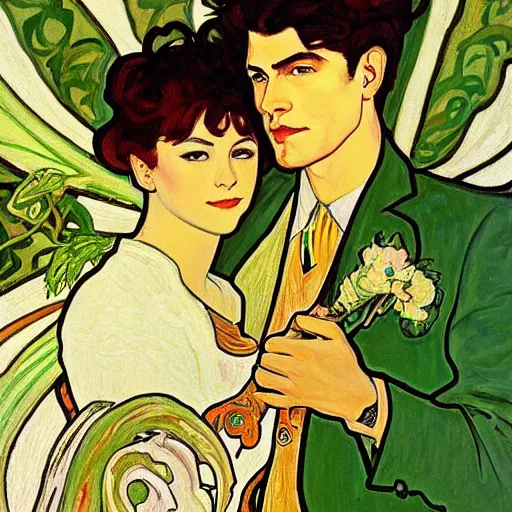 Prompt: painting of handsome young beautiful jeff and gorgeous rina together at the cucumber soup party, elegant, clear, painting, stylized, art, art by alphonse mucha, vincent van gogh, egon schiele,