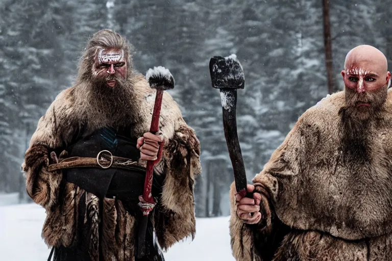 Image similar to vfx movie tough bald man in furs, natural grizzled skin, streaks of red face paint grey beard, holding two detailed viking axes, in snowy tahoe by emmanuel lubezki