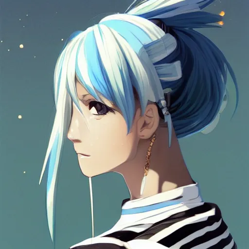 Image similar to side profile of rimuru tempest with sky blue hair, ponytail, gold eyes, black jacket with white stripes and a high collar | highly detailed, roman city | professional digital art, concept art, award - winning photography, cinematic, wlop | art by pixiv art, ilya kuvshinov, greg rutkowski, yoshitaka amano