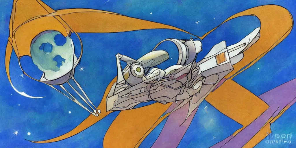 Prompt: Art Nouveau painting of a starship flying in space by