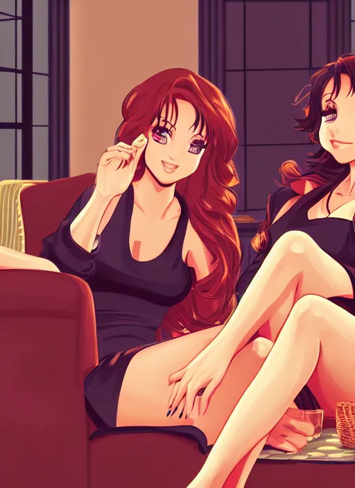 Image similar to two beautiful housewives in the living room on a hot summer evening, gorgeous faces, thick lines, cinematic lighting, detailed anime art