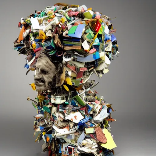 Image similar to A sculpture a preacher Dante Gebel made pure recycle materials trash, Rebecca Sugar