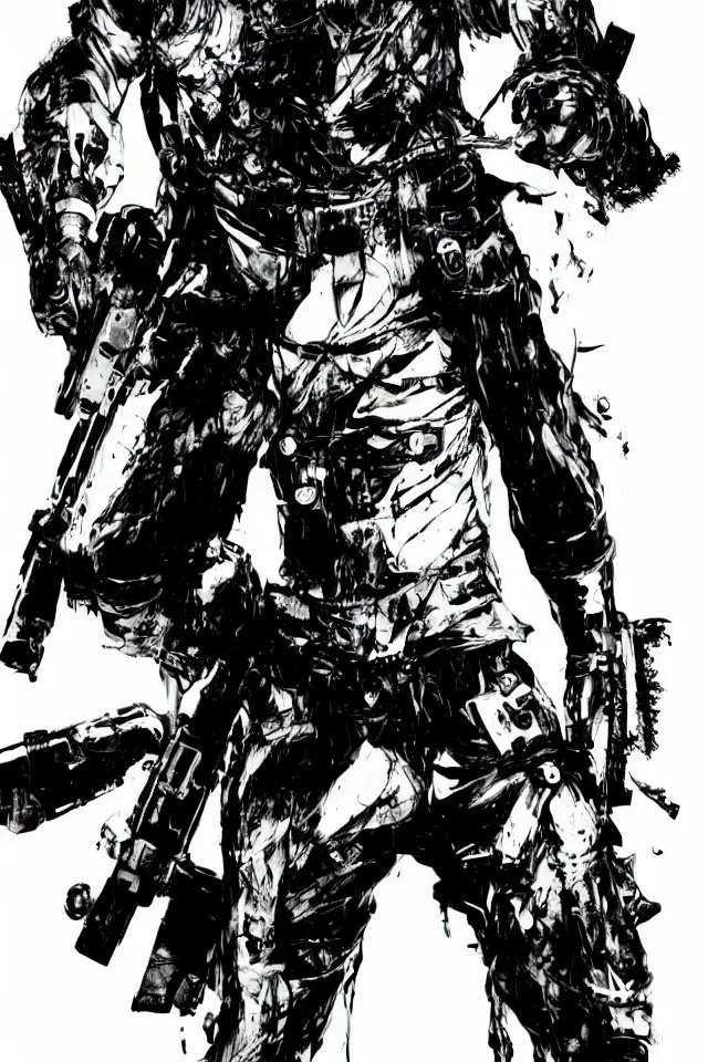 Image similar to a full - body portrait of chainsaw man, in yoji shinkawa's art style, metal gear solid art style, manga, highly detailed, 4 k, artistic, white background, b & w