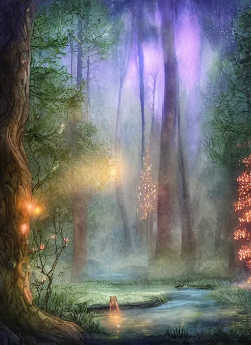 Image similar to pipe organ forest with fairy lights, light ground fog, river, detailed fantasy watercolor comic style, subtle colors, by tony sart