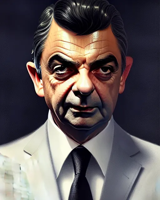 Image similar to rowan atkinson as james bond, suave looking, fine details, realistic shaded lighting poster by greg rutkowski, magali villeneuve, artgerm, jeremy lipkin and michael garmash and rob rey