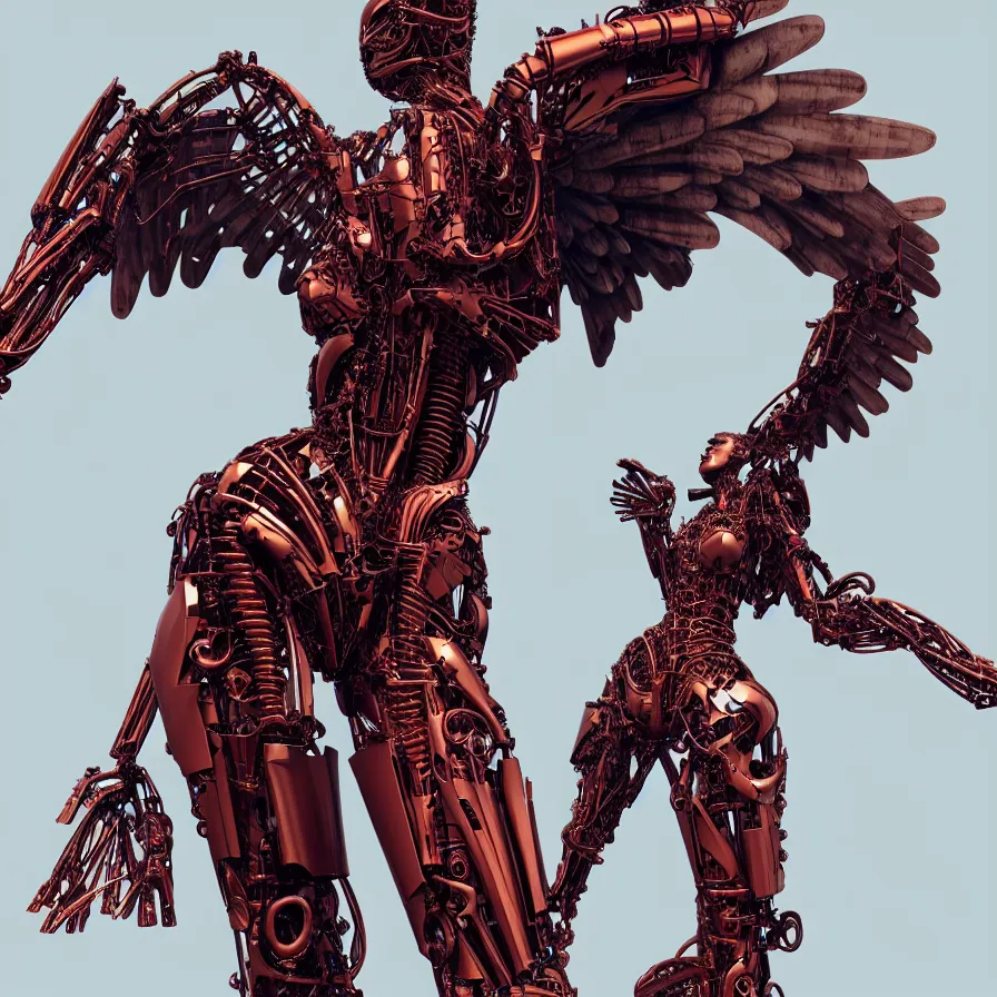 Image similar to statue winged victory of samothrace, vogue, red biomechanical, inflateble shapes, wearing epic bionic cyborg implants, masterpiece, intricate, biopunk futuristic wardrobe, highly detailed, artstation, concept art, background galaxy, cyberpunk, octane render