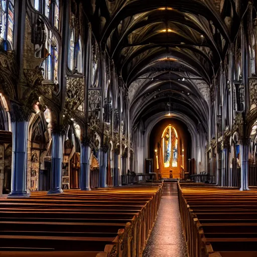 Image similar to wide shot photo taken of an epic intricate, ultra detailed, super realistic empty church after dusk filmset created by weta workshop directed by tim burton, menacing, wide angle shots, moody night time scene, photorealistic, sharp focus, gloomy, extremely cold blueish colour temperature, 3 5 mm, f 1. 4