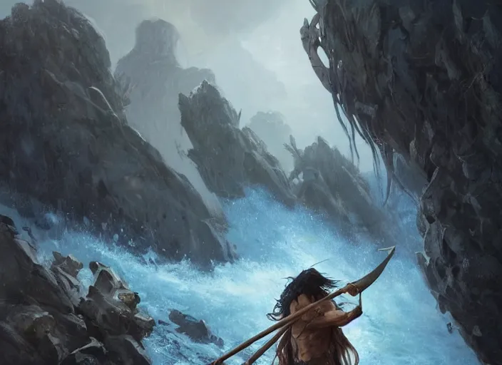 Image similar to a man with a long wavy black hair wearing a long blue coat and holding a spear about to fight a giant lobster monster in a rocky chasm. dreamy fantasy art by greg rutkowski