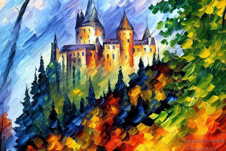 Image similar to a majestic castle rises above the dark woods in the sunlit valley, landscape by Leonid Afremov