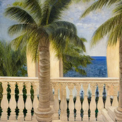 Image similar to a ultradetailed beautiful painting of the amazonas palace balustrade designed by jules bastien - lepage, tarsila do amaral, frank weston and gustave baumann, beach, trending on artstation, mediterranean, palm trees, detailed face, sharp focus, soft light, 8 k 4 k