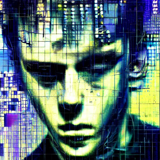 Prompt: hyperrealistic portrait of a cyberpunk teenager, male, immersed within a glitch network, digital ui, by Guy Denning, Metzinger, Russ Mills, glitch art, hacking effects, glitch effects, digital al tech effects, chromatic, color blocking!, acrylic on canvas, concept art, abstract, trending on cgsociety, trending on artstation