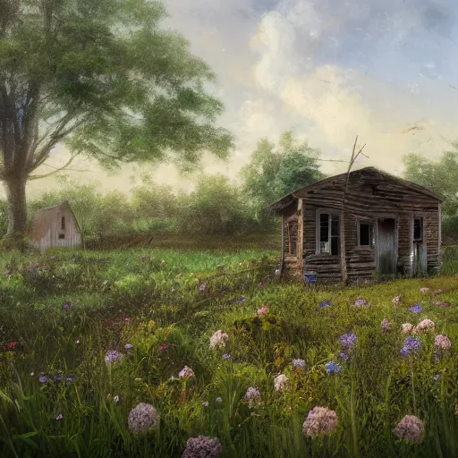 Prompt: a matte painting of a midwestern countryside, shack close up, overgrown, patchy flowers, oil painting, pale colors, high detail, 8 k, wide angle, trending on artstation,