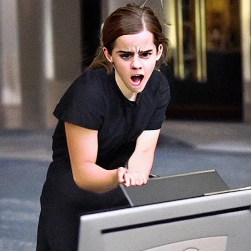 Image similar to emma watson angrily smashing a computer. photo.