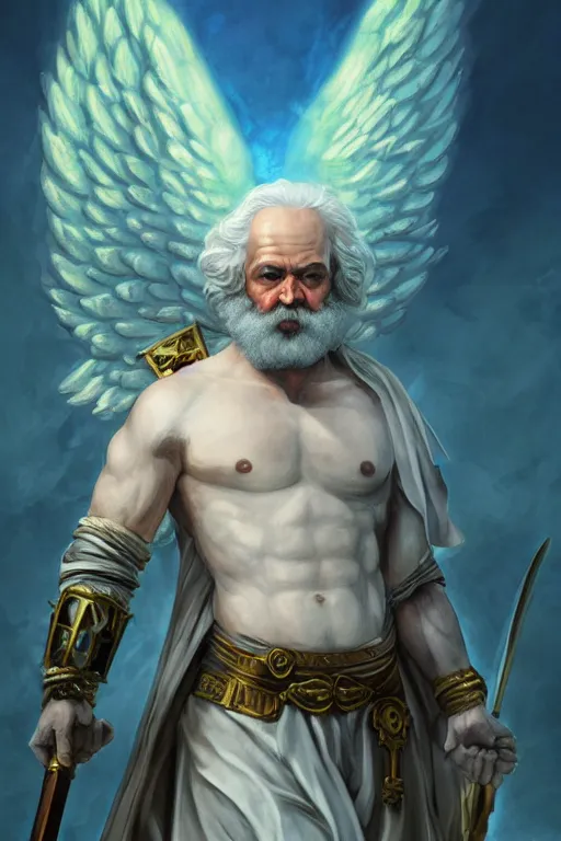 Prompt: character portrait karl marx as an aasimar angel buff wild magic barbarian with a third eye on the forehead and body warpaint, dungeons and dragons cover artwork, dynamic composition, dramatic lighting, trending on artstation, award winning art, stylized painting by sophie anderson, leonardo da vinci and raphael, concept art, 4 k, 8 k, gold and teal color scheme