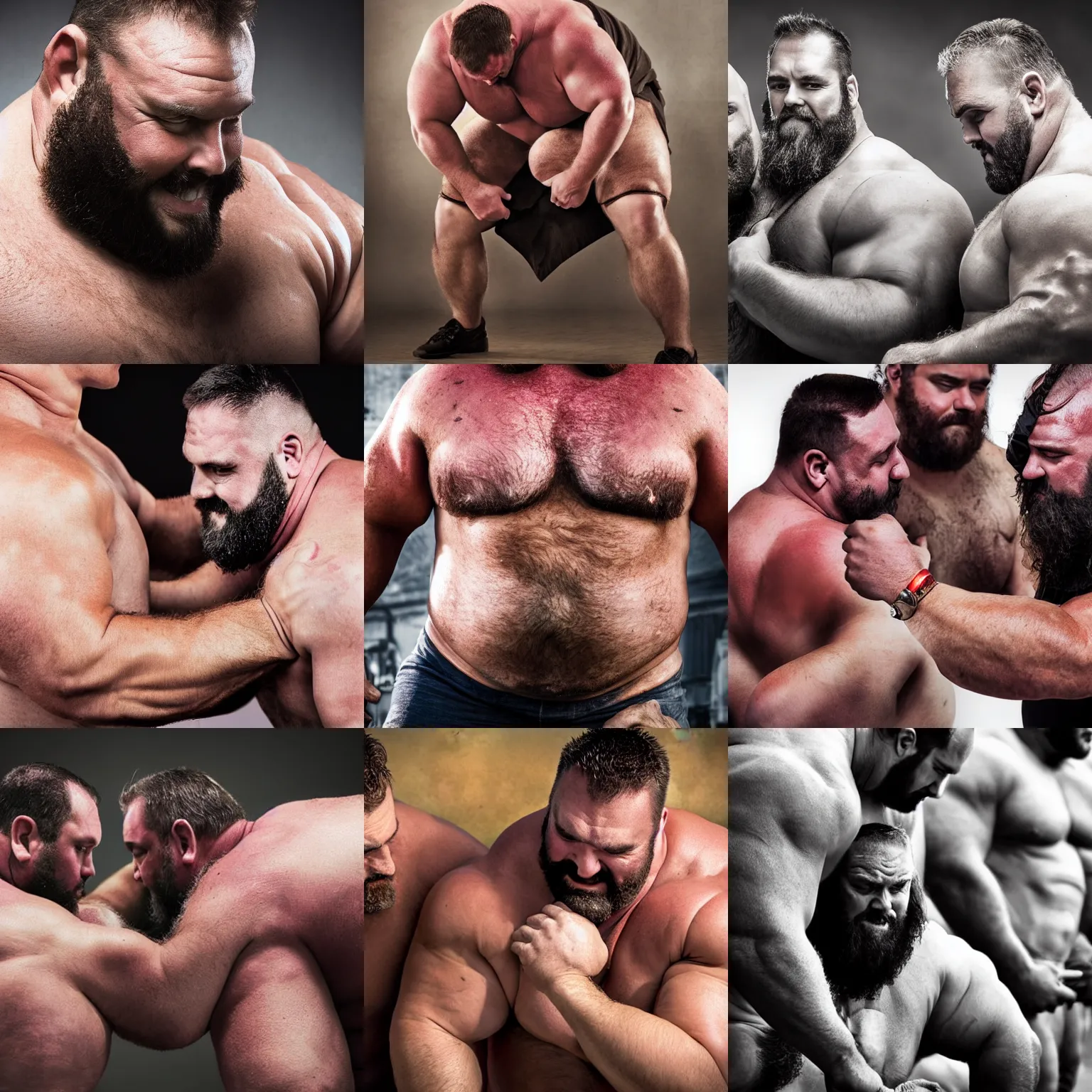 Prompt: big burly beefy strongman merging with other men, photography, high detail, high resolution