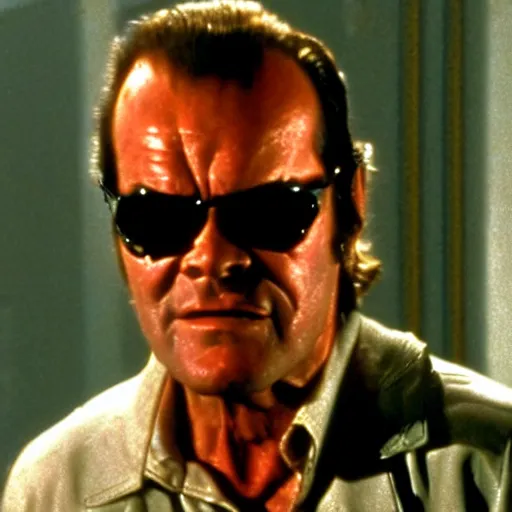 Prompt: Jack Nicholson plays Terminator, scene where his endoskeleton is exposed