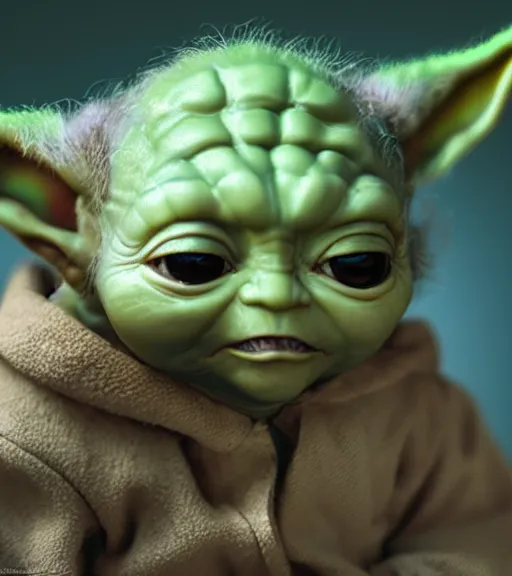 Prompt: a closeup portrait of Baby Yoda by Craig Mullins; extraordinary-masterpiece; realistic-lighting; anatomically-correct; 90mm; f/1.4