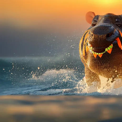 Prompt: a closeup photorealistic photograph of a cute smiling knitted tiger hippopotamus chasing a beachball during sunset. surf in background. professional capture. this 4 k hd image is trending on artstation, featured on behance, well - rendered, extra crisp, features intricate detail, epic composition and the style of unreal engine.