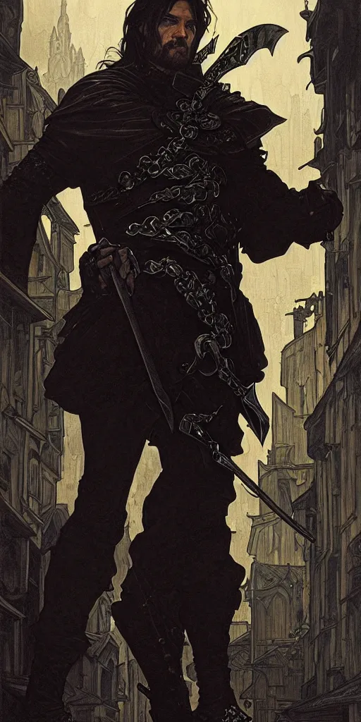 Image similar to portrait of andrei andrei as a thief wearing black leather armor and wielding a dagger in a dark alleyway, fantasy, intricate, elegant, highly detailed, digital painting, artstation, concept art, matte, sharp focus, illustration, art by travis charest and alphonse mucha