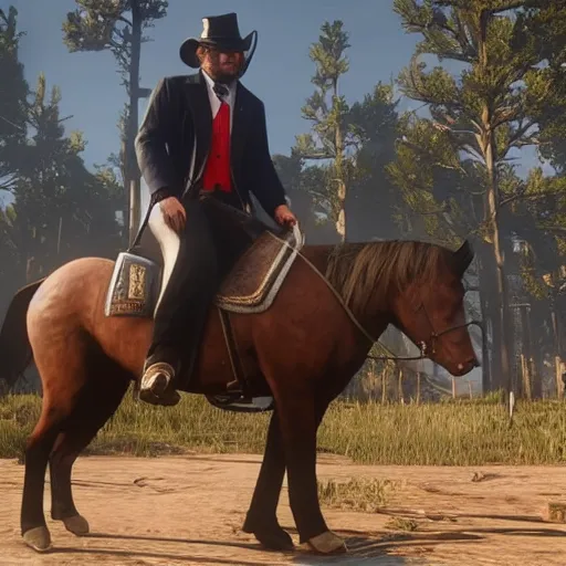 Image similar to gameplay footage of Donald trump in red dead redemption 2